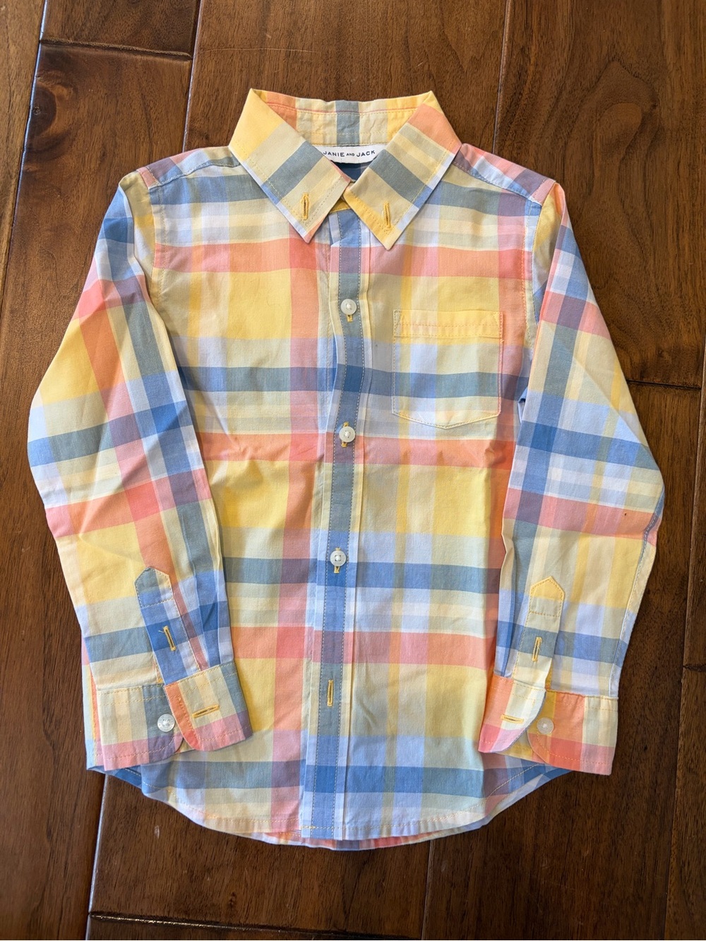 Janie and Jack Pastel Plaid Button-Down Shirt - Yellow, Blue, coral 3T like new
